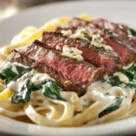 Steak Gorgonzola Alfredo Olive Garden 4 Gourmet Steak Gorgonzola Alfredo pasta with grilled steak slices on creamy fettuccine, wilted spinach, and crumbled gorgonzola cheese.