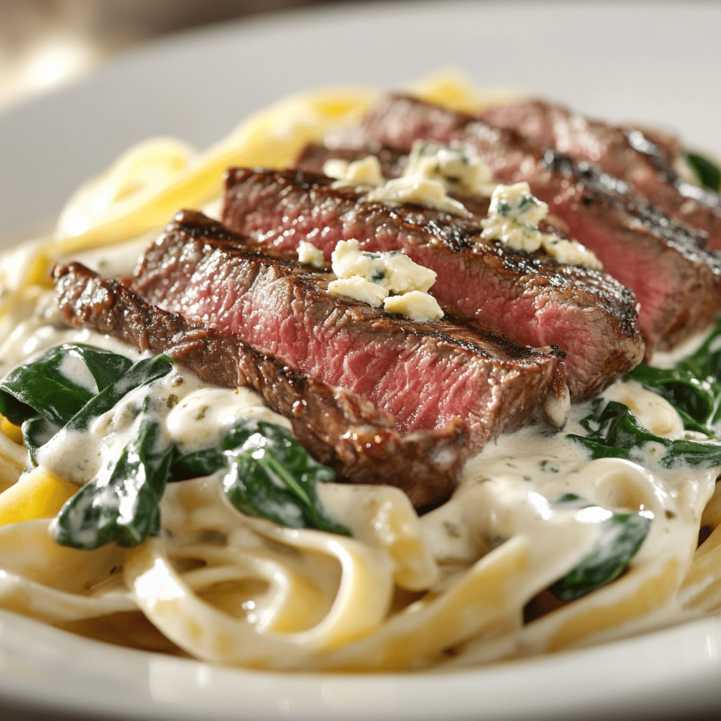Steak Gorgonzola Alfredo 6 Gourmet Steak Gorgonzola Alfredo pasta with grilled steak slices on creamy fettuccine, wilted spinach, and crumbled gorgonzola cheese.