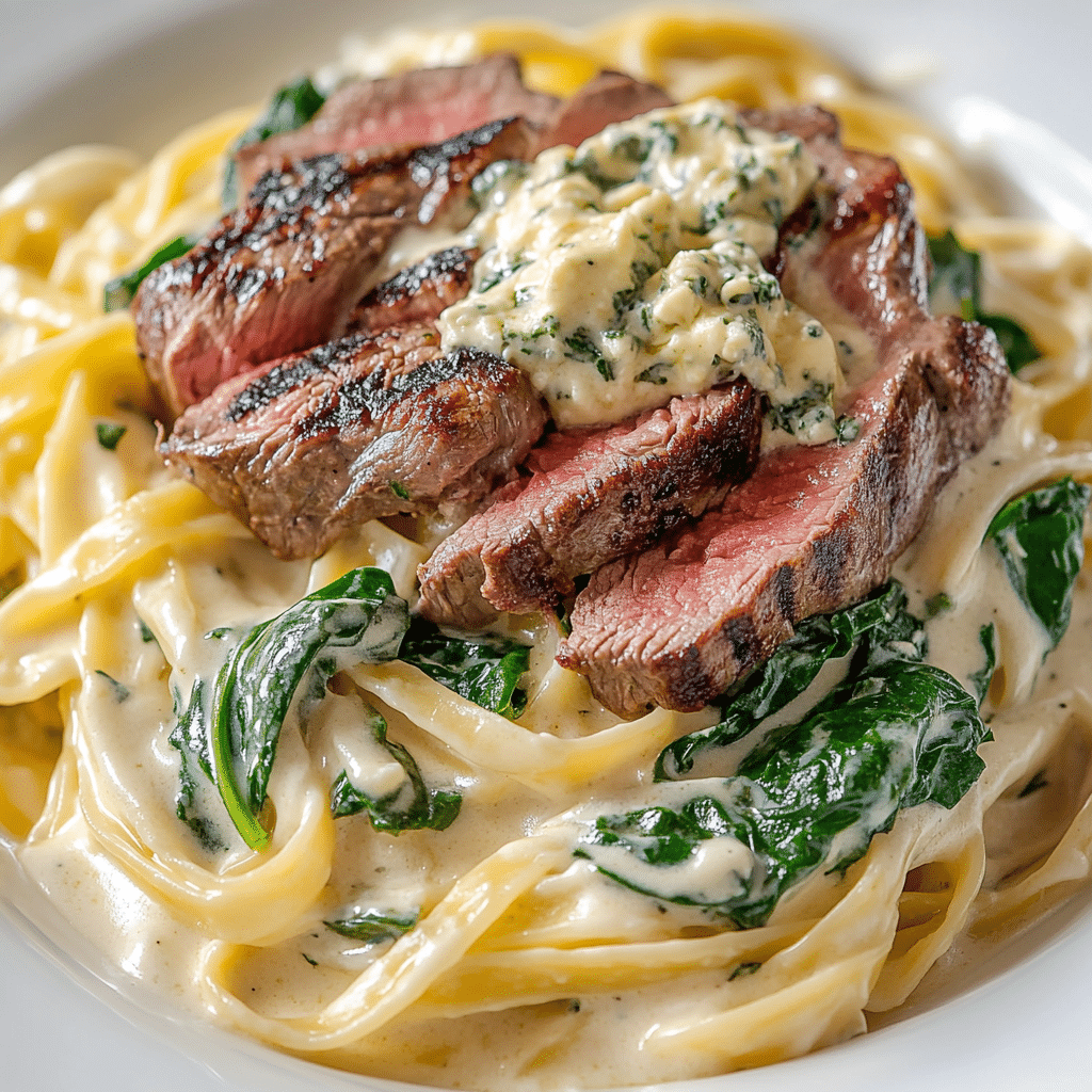Steak Gorgonzola Alfredo 5 Creamy Steak Gorgonzola Alfredo fettuccine topped with sliced grilled steak, wilted spinach, and a rich gorgonzola cheese sauce.