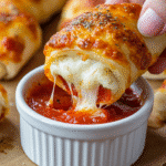 Pepperoni Pizza Roll-Ups: The Ultimate Guide to a Crowd-Pleasing Snack 4 Pepperoni pizza roll-up dipped in marinara sauce, with melted cheese stretching from the golden-baked crust.