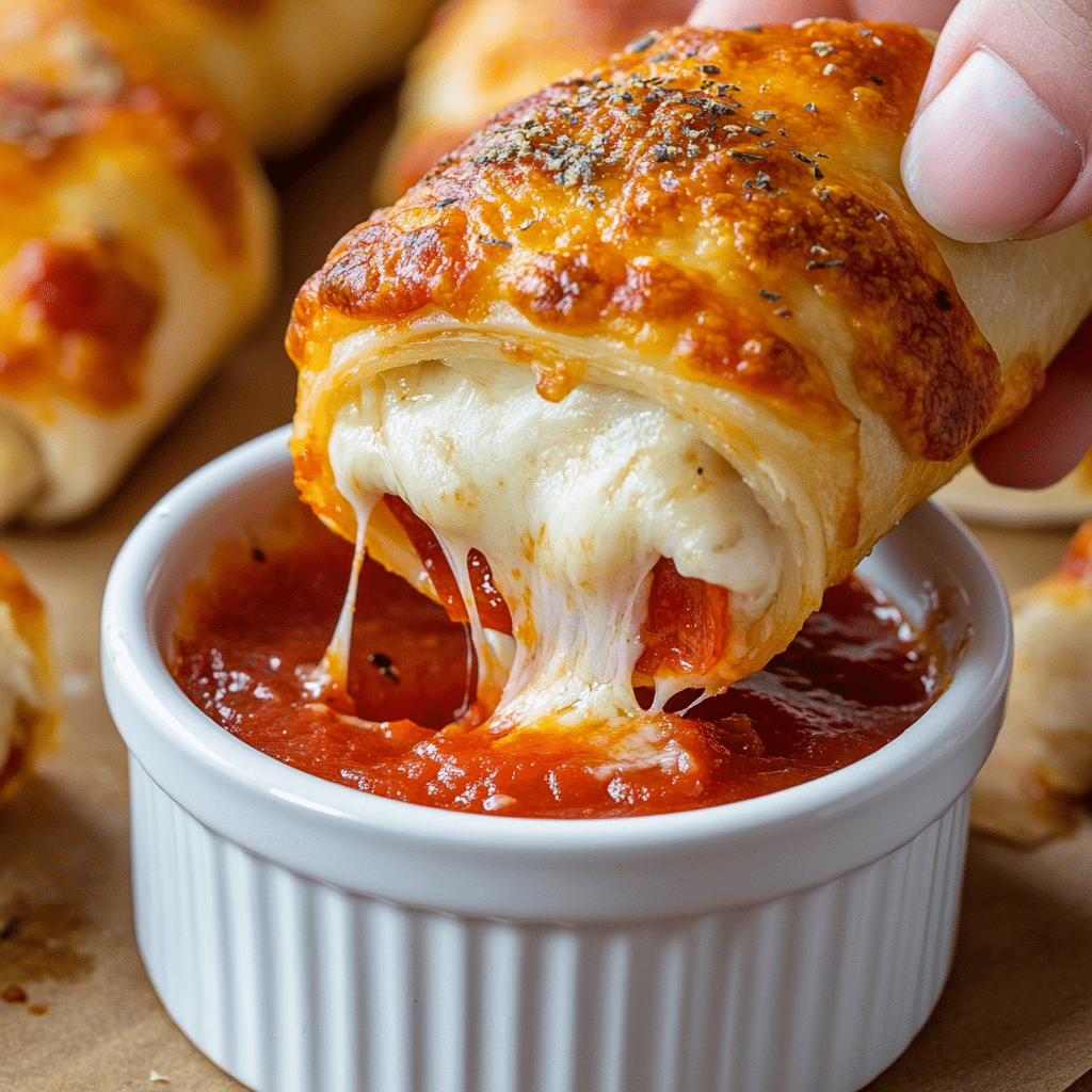 Pepperoni pizza roll-up dipped in marinara sauce, with melted cheese stretching from the golden-baked crust.