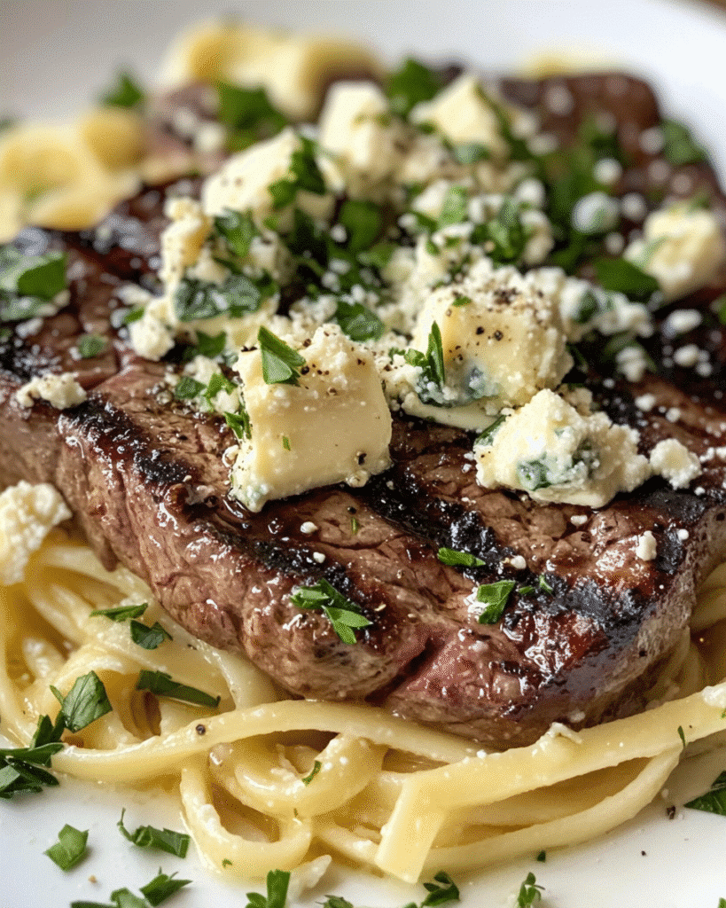 Steak Gorgonzola recipe with grilled steak medallions, melted Gorgonzola cheese, and fettuccine pasta.