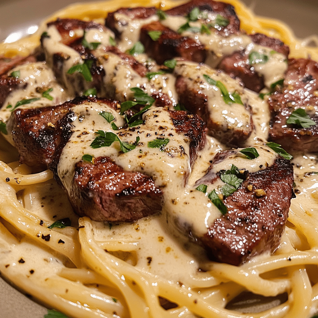 Close-up of creamy Italian spaghetti topped with grilled beef medallions and garnished with fresh parsley and cracked black pepper.
