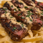 Steak Gorgonzola Alfredo 4 Close-up of seared steak slices over creamy fettuccine pasta, topped with cracked black pepper and garnished with chopped parsley.