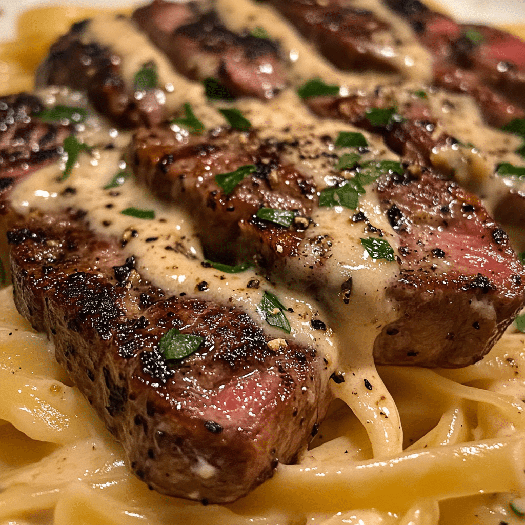 Steak Gorgonzola Alfredo Olive Garden 6 Close-up of seared steak slices over creamy fettuccine pasta, topped with cracked black pepper and garnished with chopped parsley.