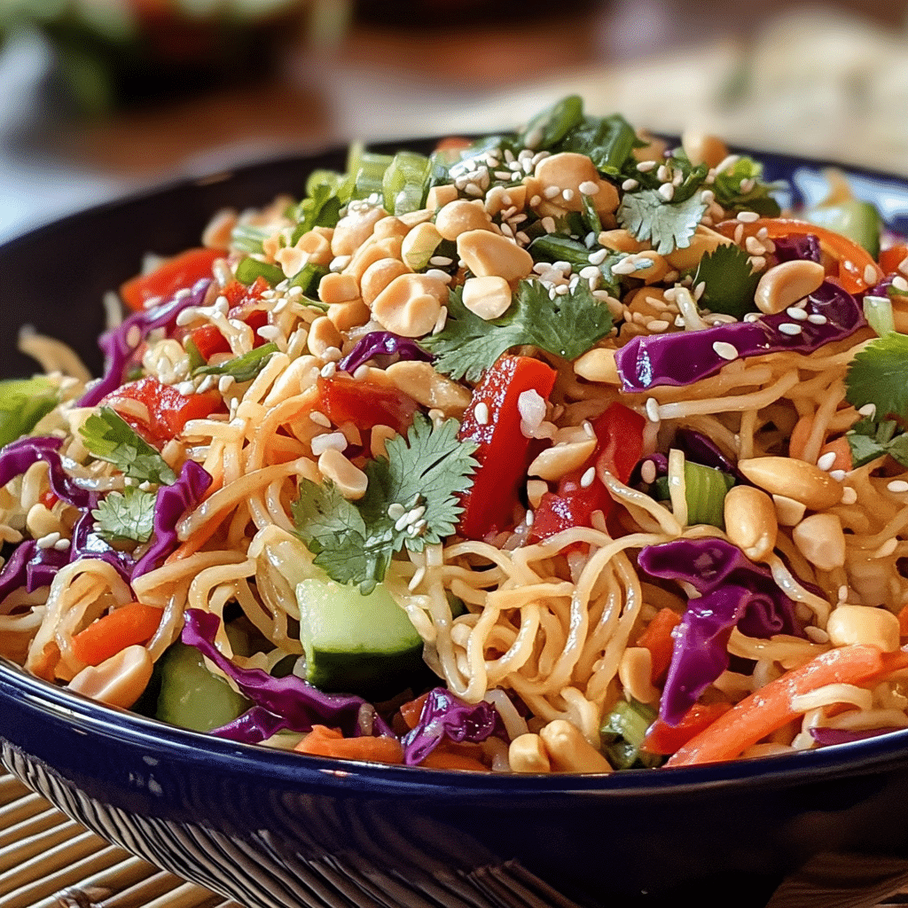 Asian noodle salad featuring noodles, red bell pepper, purple cabbage, cucumber, carrots, peanuts, cilantro, and sesame seeds in a dark bowl.