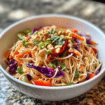 Asian noodle salad with rice noodles, purple cabbage, carrots, bell peppers, cucumbers, peanuts, and cilantro served in a white bowl.