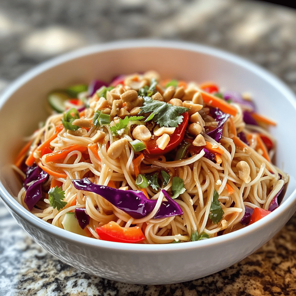 Asian noodle salad with rice noodles, purple cabbage, carrots, bell peppers, cucumbers, peanuts, and cilantro served in a white bowl.