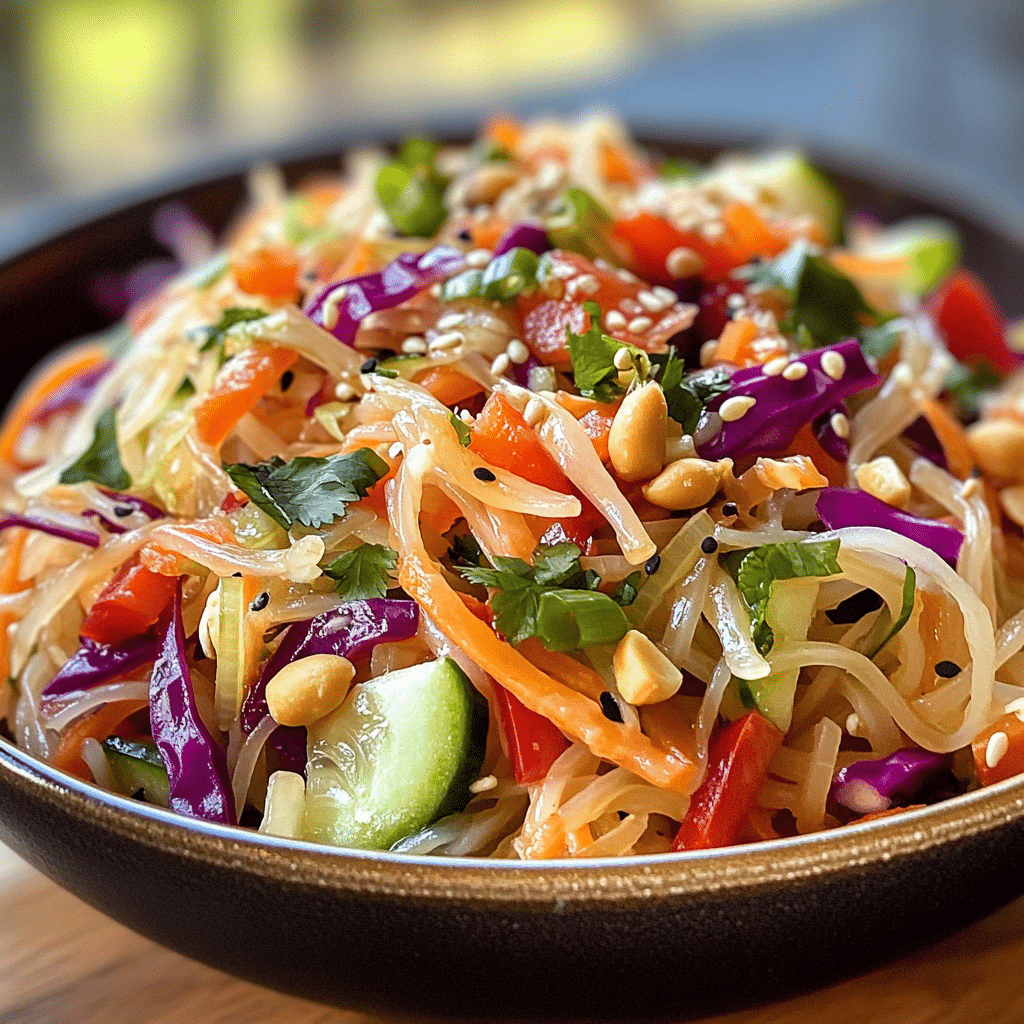 Colorful Asian noodle salad with rice noodles, red cabbage, carrots, cucumbers, bell peppers, peanuts, and sesame seeds in a black bowl.