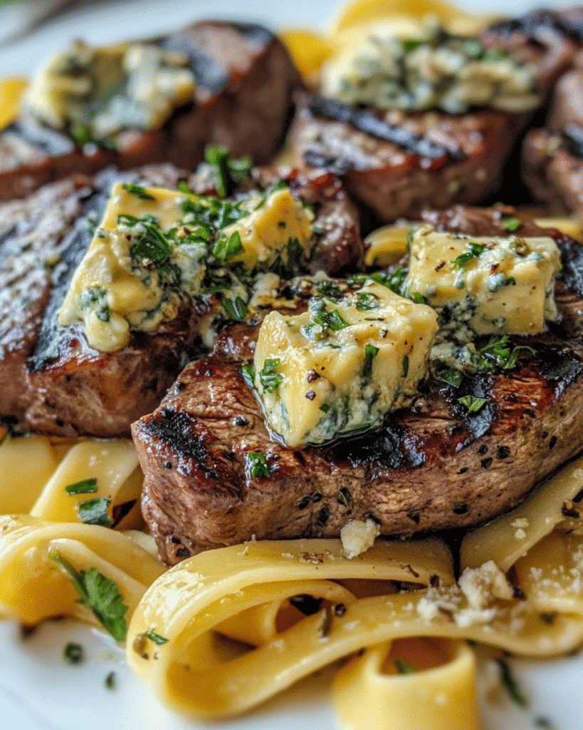 Steak Gorgonzola Recipe 6 Close-up of grilled steak medallions topped with Gorgonzola cheese and herbs, served over fettuccine pasta.