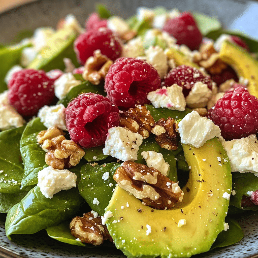 Fresh raspberry-spinach salad with avocado slices, walnuts, feta cheese, and a drizzle of dressing on a white plate.