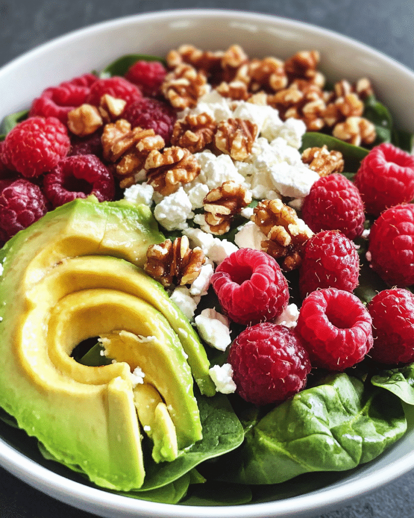 Raspberry-Spinach Salad with Avocado and Walnuts: A Fresh Twist on a Classic Dish 5 Close-up of a raspberry-spinach salad with creamy avocado slices, crunchy walnuts, feta cheese, and fresh raspberries in a white bowl.