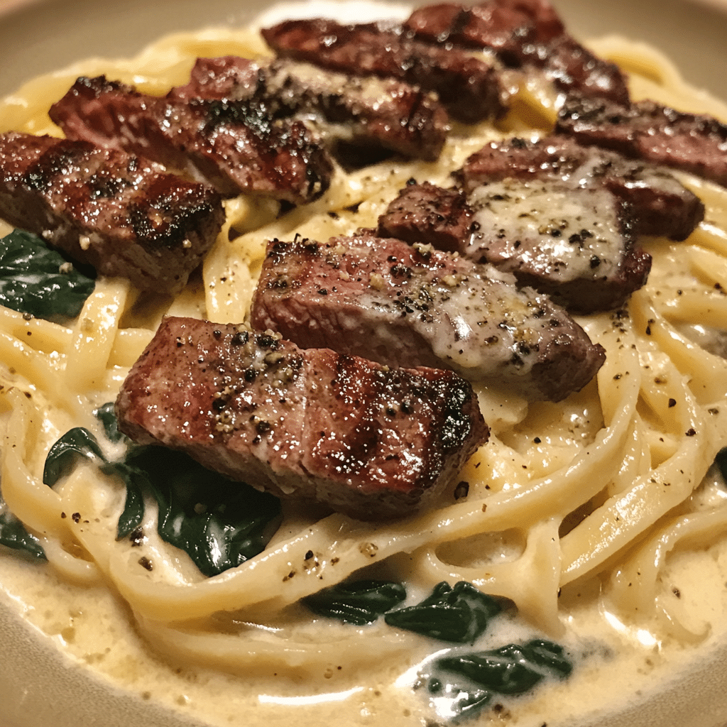 Steak Gorgonzola Alfredo Olive Garden 5 Creamy fettuccine Alfredo topped with grilled steak slices and sautéed spinach, finished with cracked black pepper.