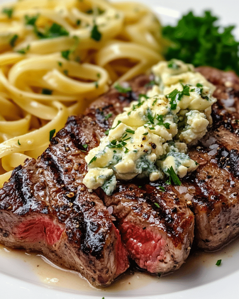 Steak Gorgonzola Recipe 7 Steak Gorgonzola recipe with grilled ribeye, melted blue cheese crumbles, and fettuccine pasta.