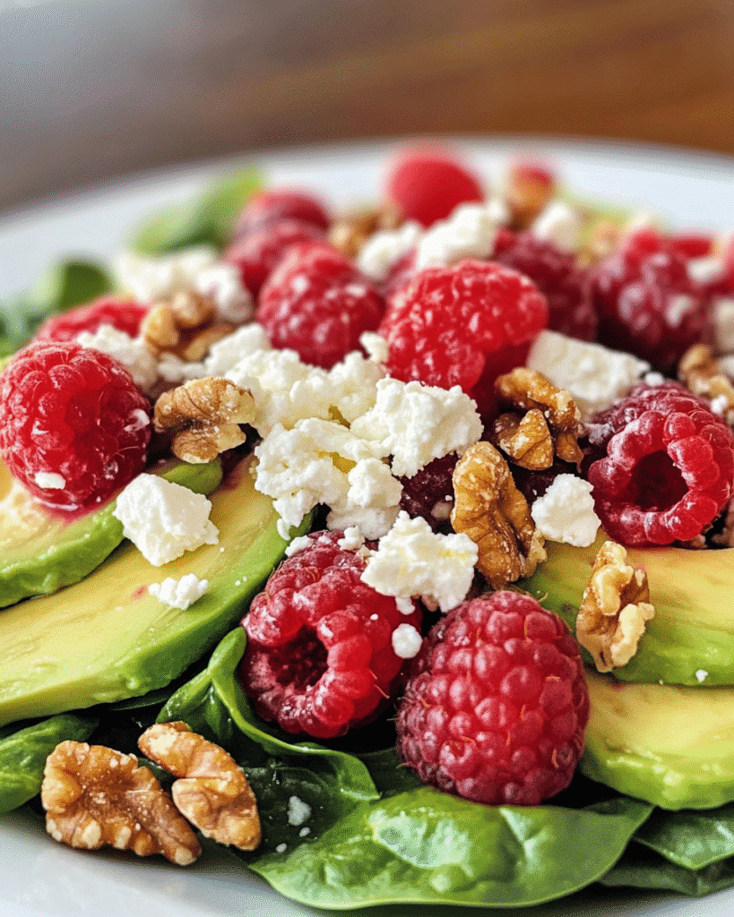 Raspberry-Spinach Salad with Avocado and Walnuts: A Fresh Twist on a Classic Dish 6 Bowl of spinach salad with fresh raspberries, diced avocado, and sliced green onions served on a rustic ceramic plate.