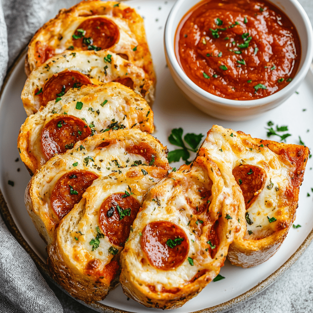 Pepperoni Bread: A Savory Delight with Rich Heritage 5 Cheesy pepperoni bread rolls served on a plate with a side of marinara dipping sauce, garnished with parsley.