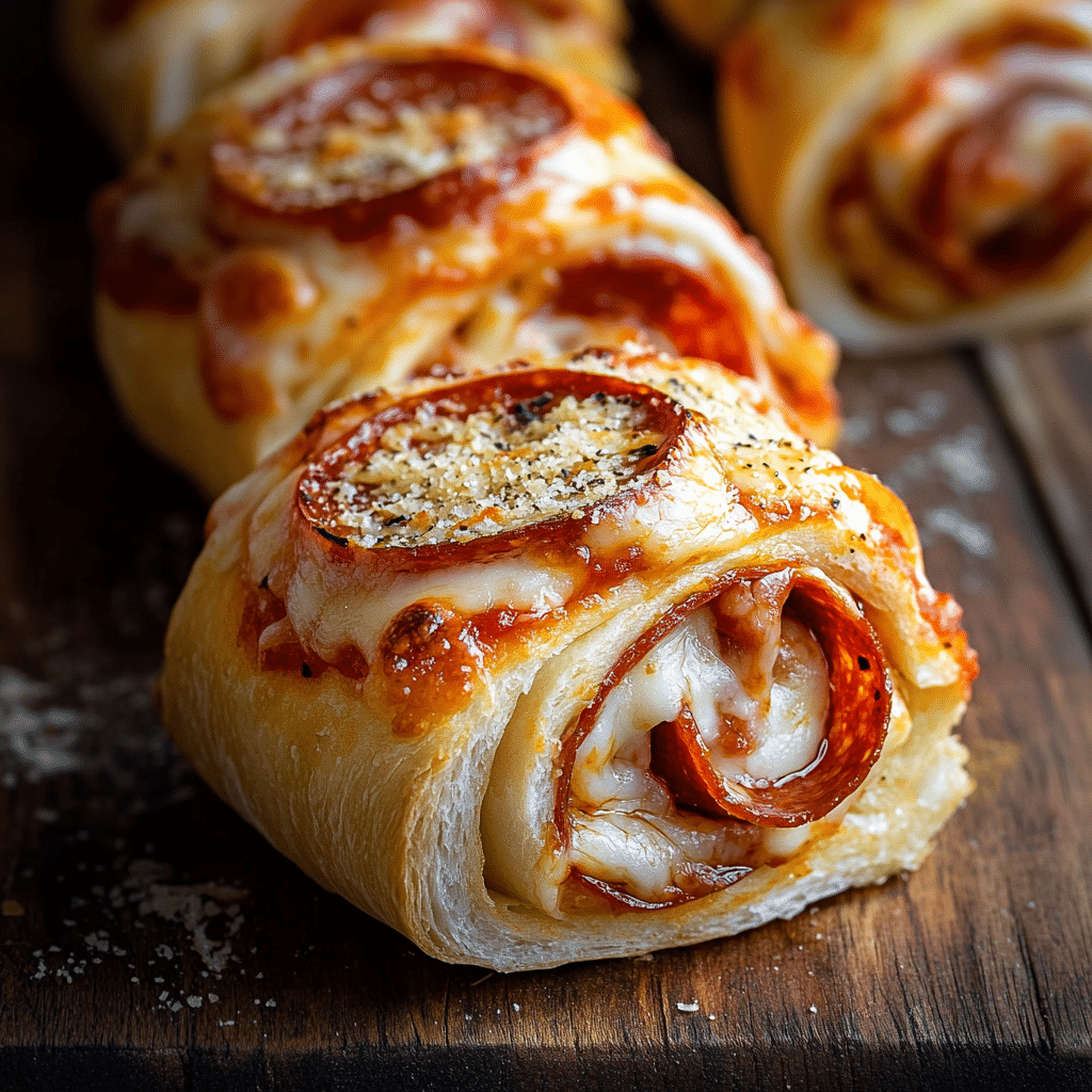 Pepperoni Pizza Roll-Ups: The Ultimate Guide to a Crowd-Pleasing Snack 6 Close-up of baked pepperoni pizza roll-ups on a wooden board, topped with melted cheese and parmesan.