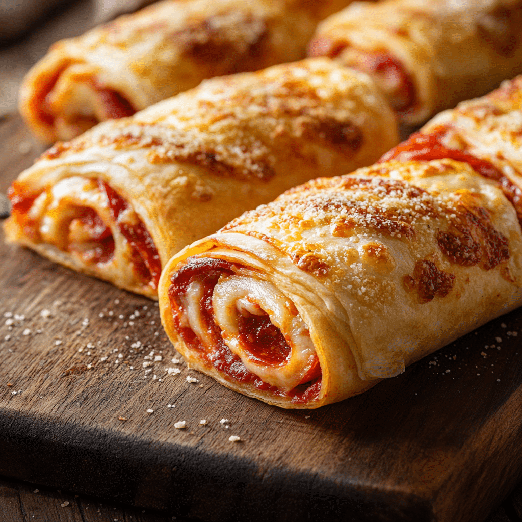 Pepperoni Pizza Roll-Ups: The Ultimate Guide to a Crowd-Pleasing Snack 5 Freshly baked pepperoni pizza roll-ups with golden crust and parmesan cheese on a wooden board.