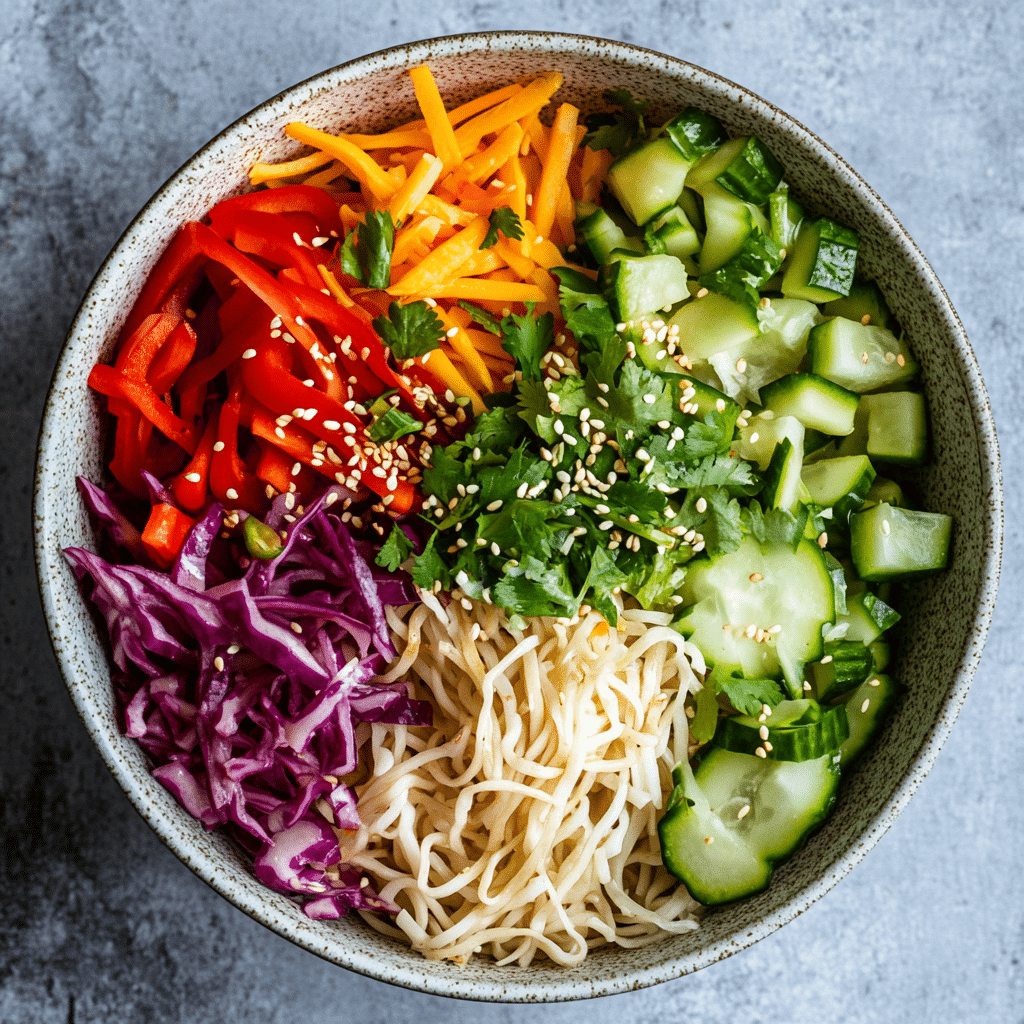 Cold Noodle Salads: Refreshing Recipes for Every Season 4 Asian noodle salad with uncooked vegetables like red cabbage, carrots, cucumbers, and bell peppers, garnished with cilantro and sesame seeds.