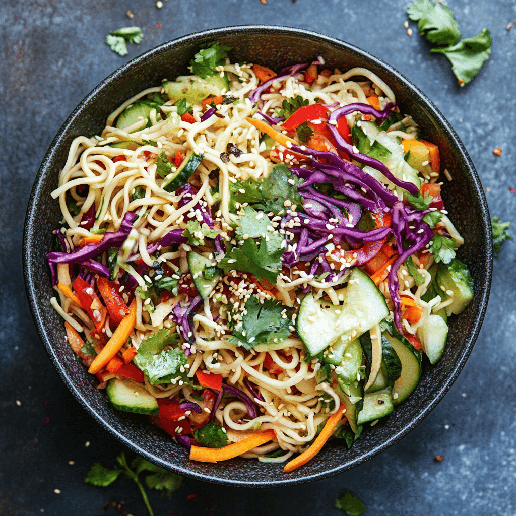 Asian noodle salad with colorful vegetables including red cabbage, carrots, cucumbers, and bell peppers, topped with sesame seeds and cilantro.