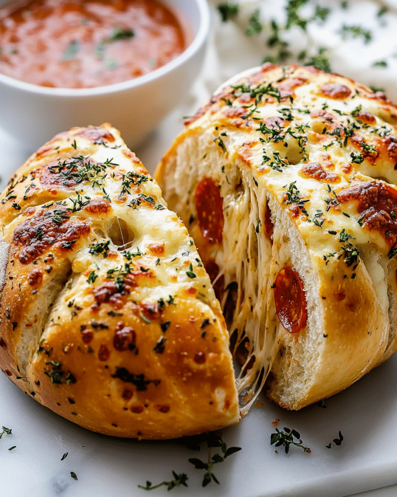 Warm pepperoni bread loaf stuffed with melted cheese and herbs, sliced open with stretchy cheese and a bowl of marinara sauce on the side.