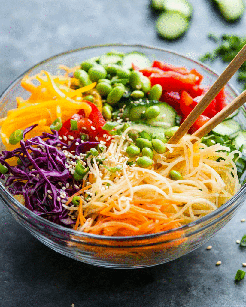 Cold Noodle Salads: Refreshing Recipes for Every Season 3 Asian noodle salad in a glass bowl with colorful vegetables including edamame, red cabbage, carrots, cucumbers, and bell peppers, topped with sesame seeds.