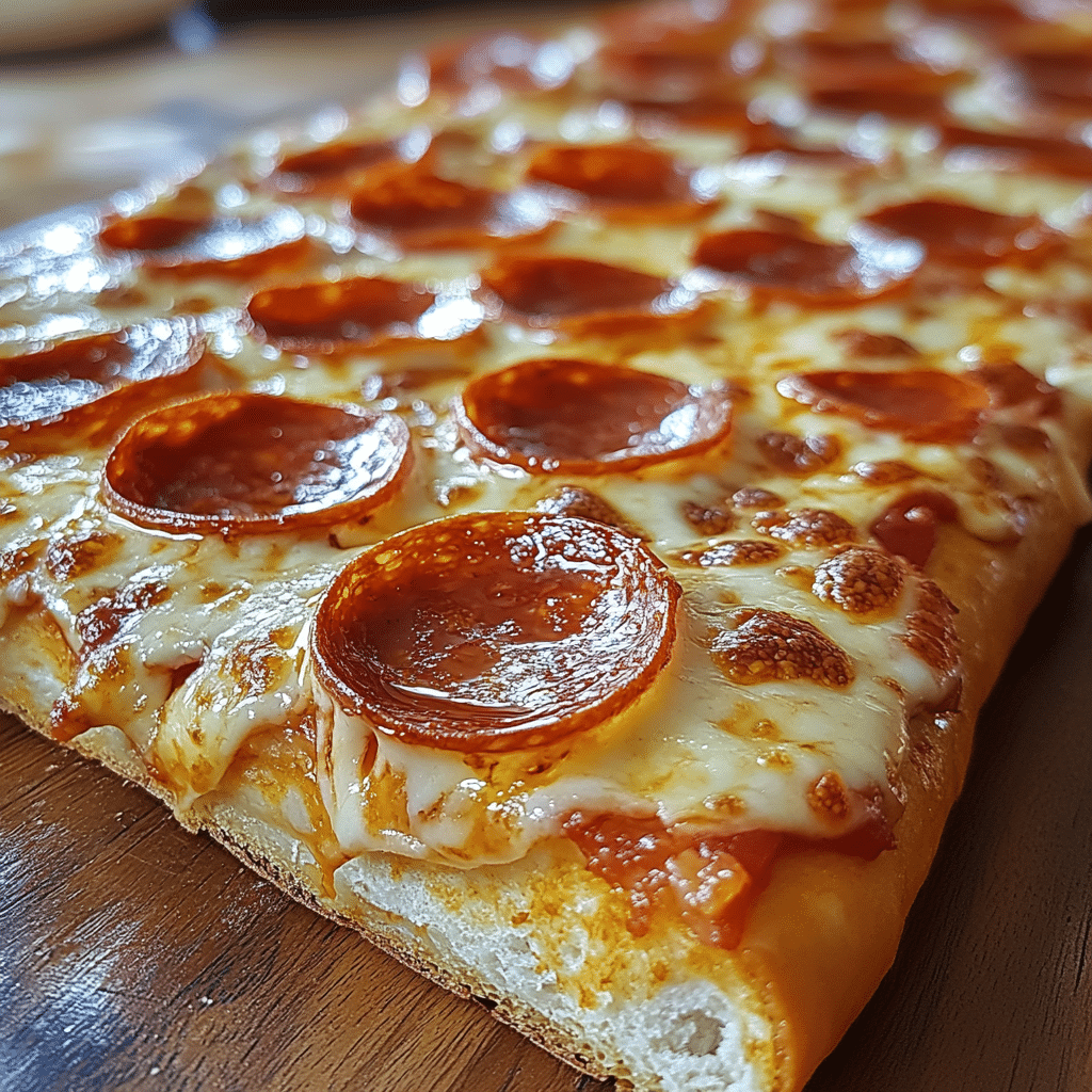 Thick crust Old World pepperoni pizza slice with curled, crispy pepperoni and melted cheese on a wooden surface.