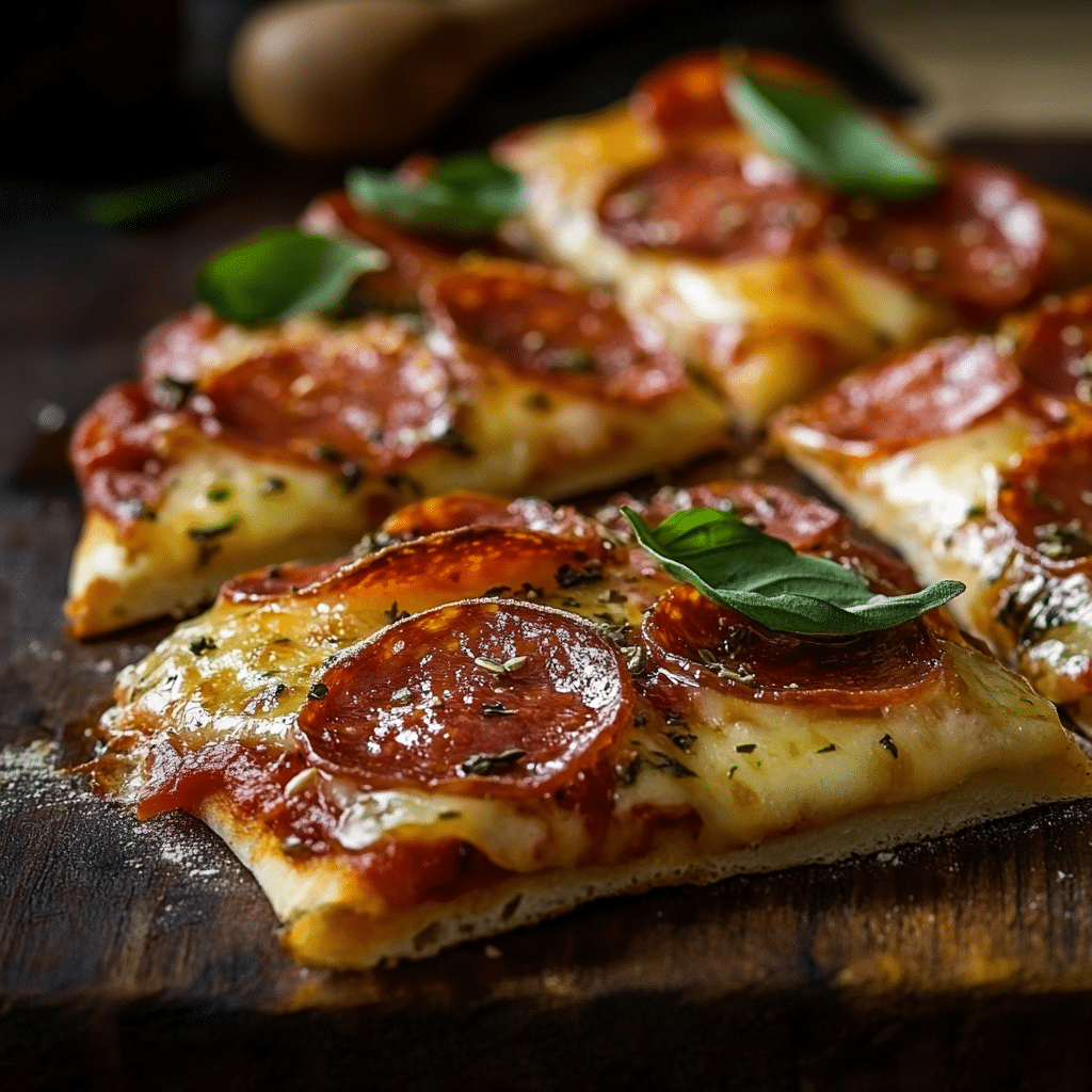 Close-up of Old World pepperoni pizza slices on a wooden board, topped with fresh basil and melted cheese.