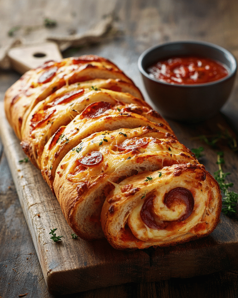 Pepperoni Bread: A Savory Delight with Rich Heritage 6 Sliced spiral pepperoni bread loaf with melted cheese, served on a wooden board alongside a bowl of marinara dipping sauce.