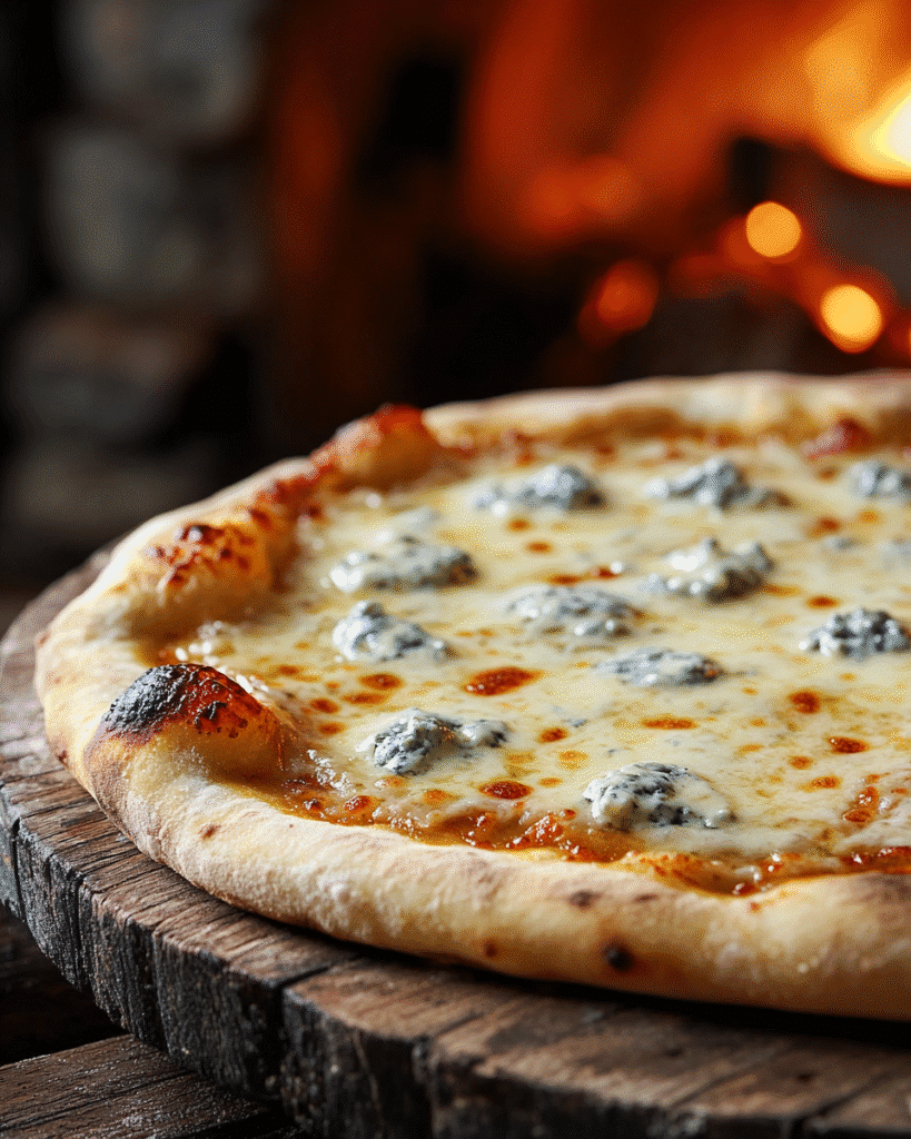 Four cheese pizza with melted gorgonzola on a wooden pizza peel, fresh from the oven.