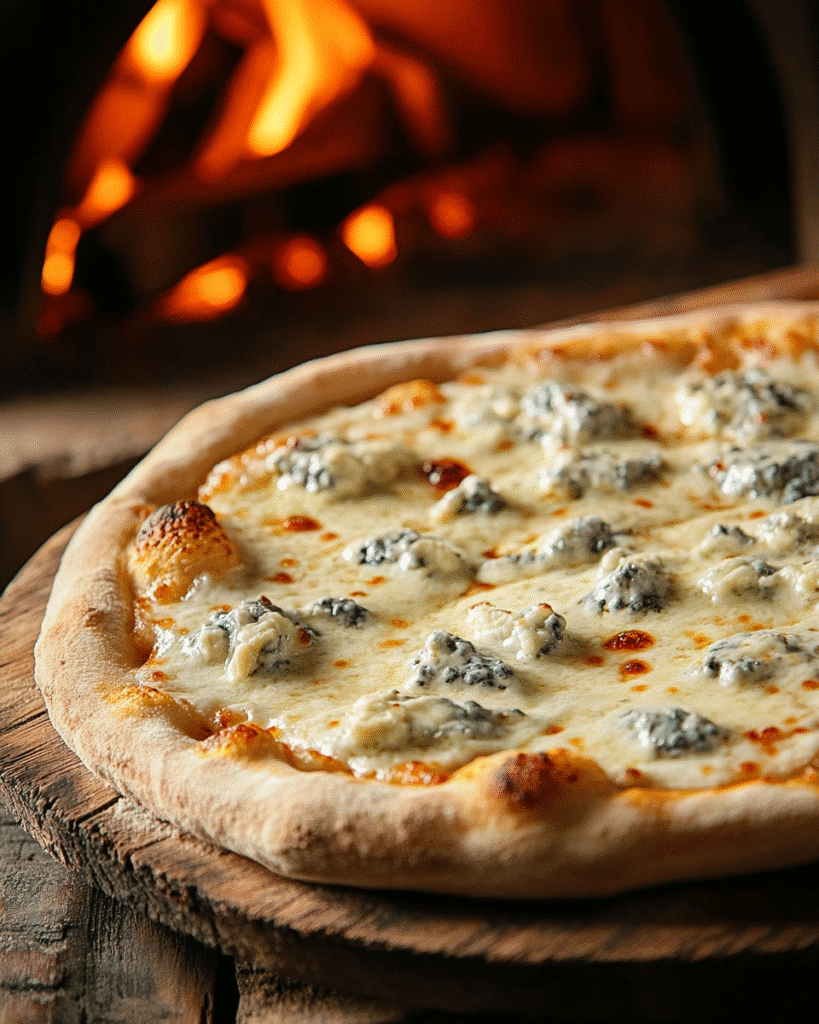 Gorgonzola Pizza: A Flavorful Fusion of Tradition and Taste 5 Gorgonzola pizza with melted cheese and golden crust on wooden peel