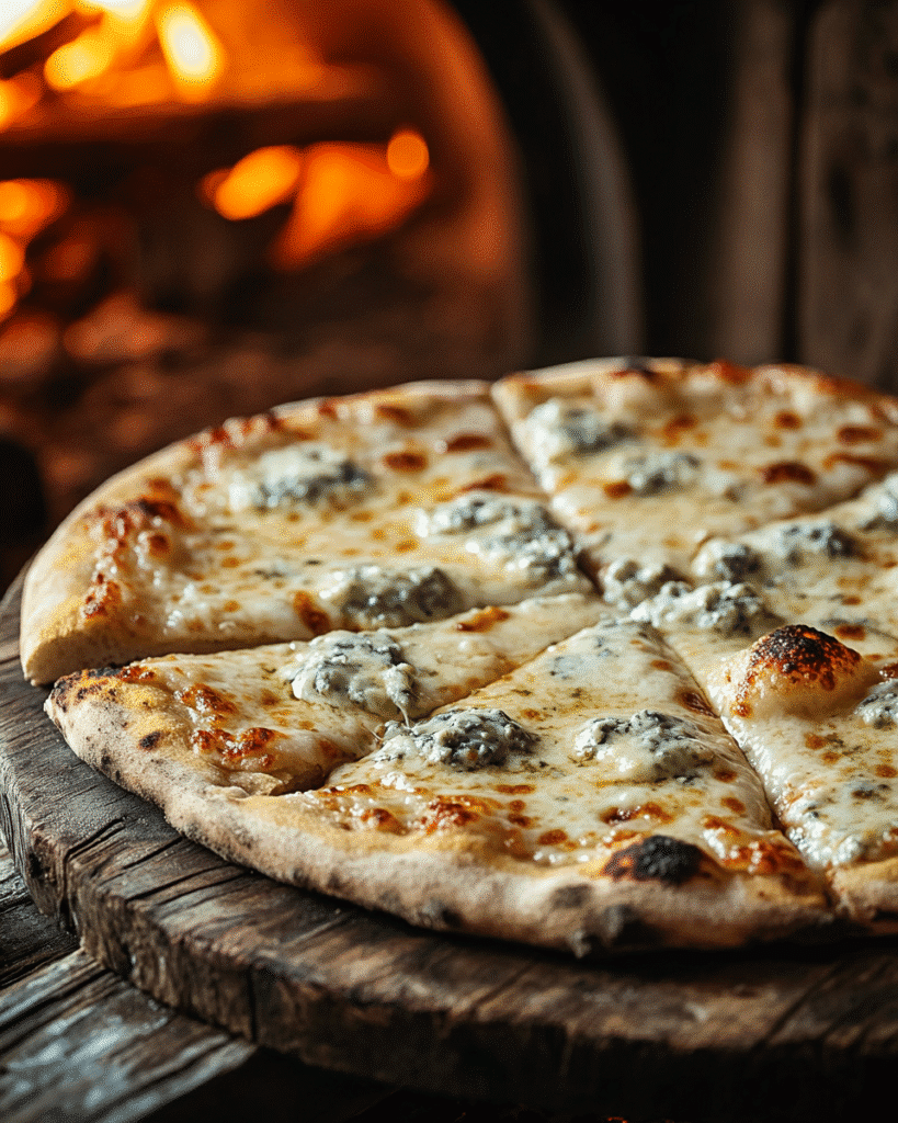 Gorgonzola Pizza: A Flavorful Fusion of Tradition and Taste 6 Wood-fired gorgonzola pizza with bubbling melted cheese on rustic wooden board