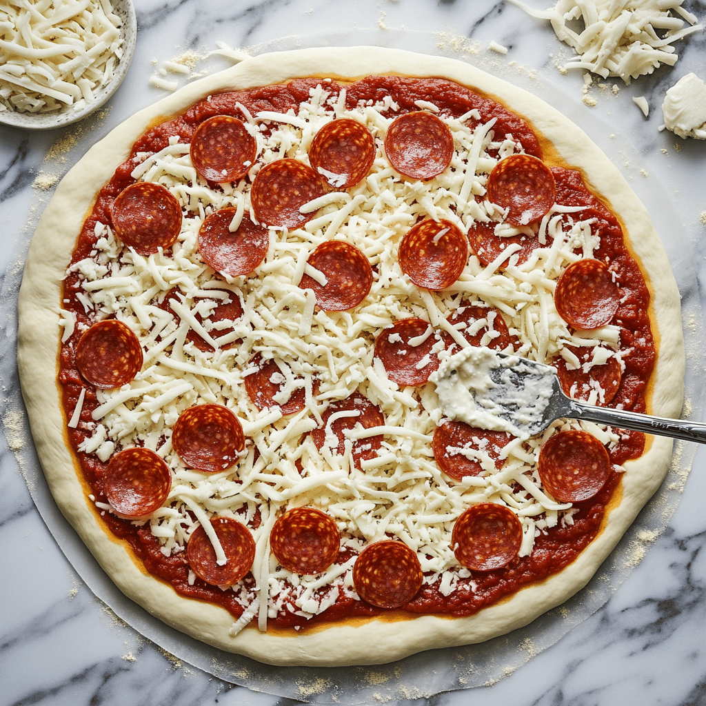The Ultimate Guide to Pepperoni Pizza: From Origins to Oven 5 Step-by-step preparation of pepperoni pizza with mozzarella cheese and tomato sauce being spread on raw dough with a spoon.