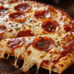 The Ultimate Guide to Pepperoni Pizza: From Origins to Oven 4 Close-up of a hot, cheesy pepperoni pizza slice being pulled away, with melted cheese stretching and herbs on top.