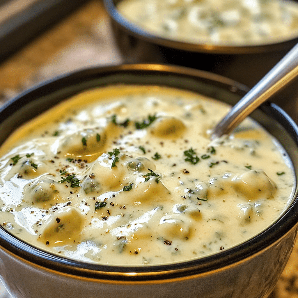 Bowl of creamy gorgonzola sauce with herbs and pepper, served warm with a spoon