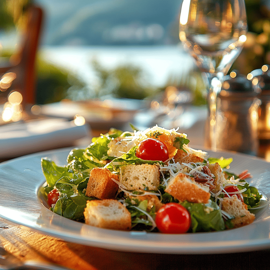 Fresh Caesar Panzanella salad with cherry tomatoes, croutons, and parmesan on a white plate, served outdoors with a scenic lake view.
