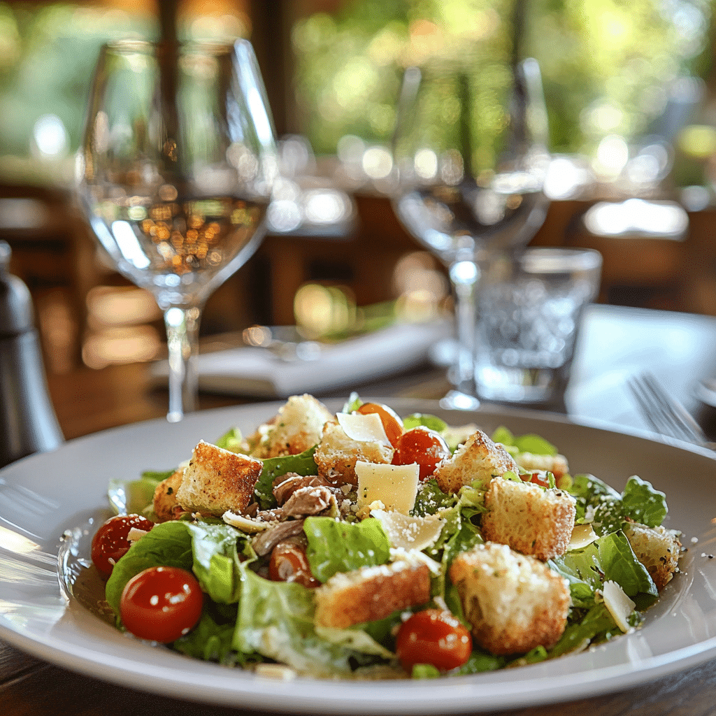 Caesar Panzanella Salad: A Fusion of Italian Traditions 6 Fresh Caesar Panzanella salad with cherry tomatoes, croutons, and parmesan on a white plate, served outdoors with a scenic lake view.