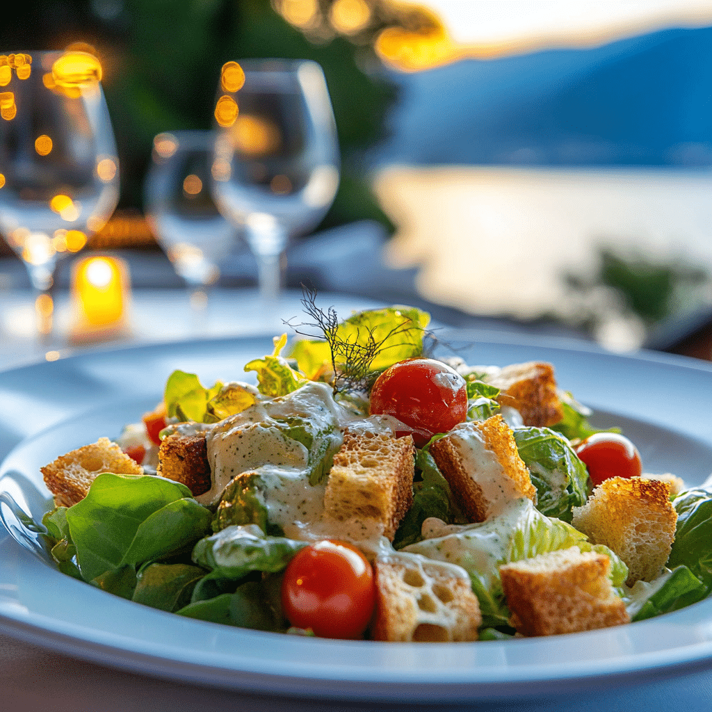 Caesar Panzanella salad with cherry tomatoes, croutons, and creamy dressing served on a white plate at sunset by the water.
