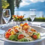 Caesar Panzanella: A Fusion of Italian Traditions 4 Caesar Panzanella salad with cherry tomatoes, croutons, and creamy dressing served on a white plate at sunset by the water.