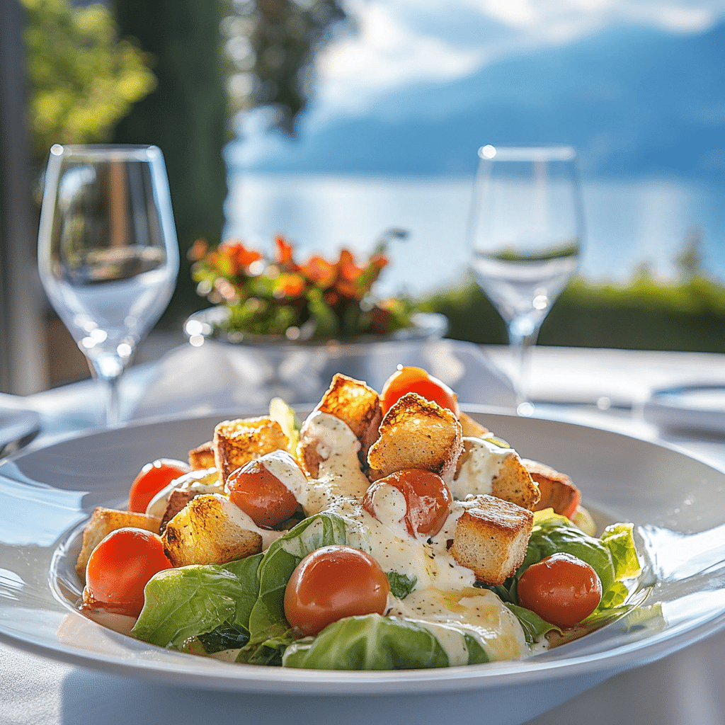 Caesar Panzanella: A Fusion of Italian Traditions 5 Caesar Panzanella salad with cherry tomatoes, croutons, and creamy dressing served on a white plate at sunset by the water.