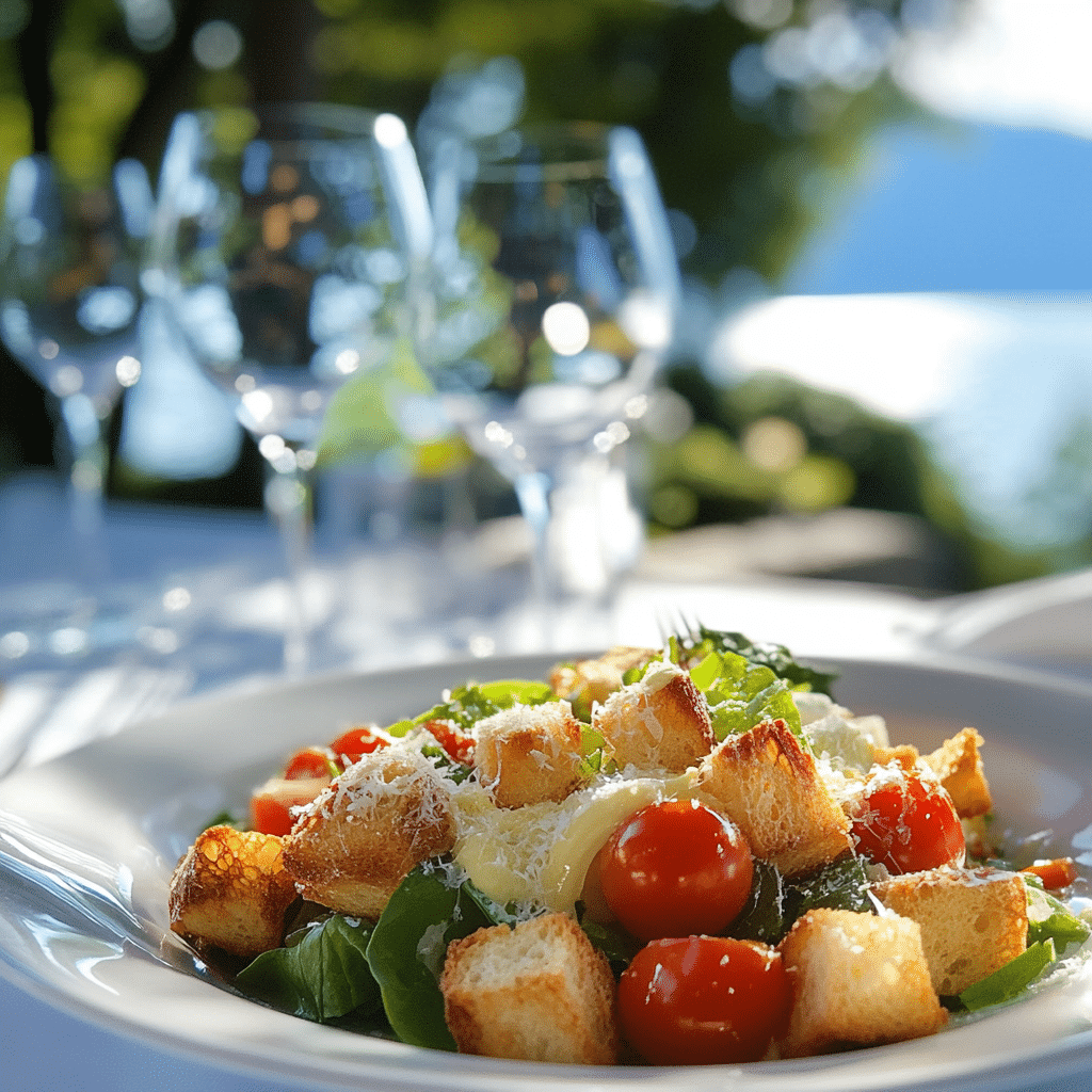 Caesar Panzanella: A Fusion of Italian Traditions 6 Caesar Panzanella salad with cherry tomatoes, croutons, and creamy dressing served on a white plate at sunset by the water.ad