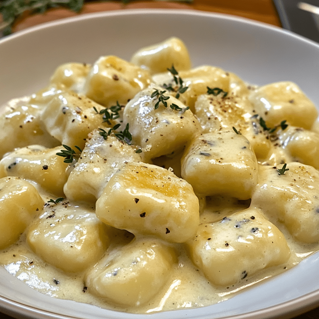 Gorgonzola Cream Sauce – The Best Guide to a Rich ,Velvety Flavor Experience 9 Creamy gnocchi covered in rich Gorgonzola cream sauce, garnished with fresh herbs and cracked black pepper on a white plate.