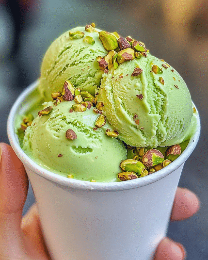 Discover the Creamy Delight of Pistachio Gelato Homemade 5 Three scoops of homemade pistachio gelato in a white paper cup, garnished with chopped pistachios and held in hand.