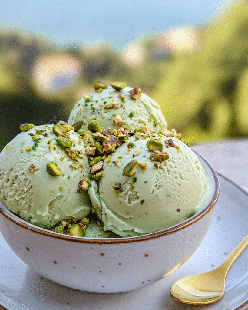 Homemade pistachio gelato served in a ceramic bowl, topped with chopped pistachios and accompanied by a gold spoon.