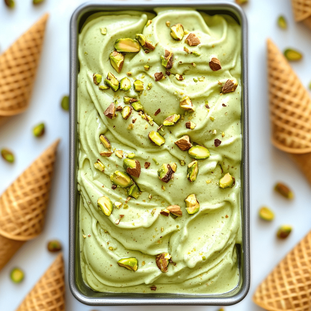Discover the Creamy Delight of Pistachio Gelato Homemade 4 Creamy homemade pistachio gelato in a metal tray, topped with chopped pistachios, surrounded by waffle cones and scattered nuts.