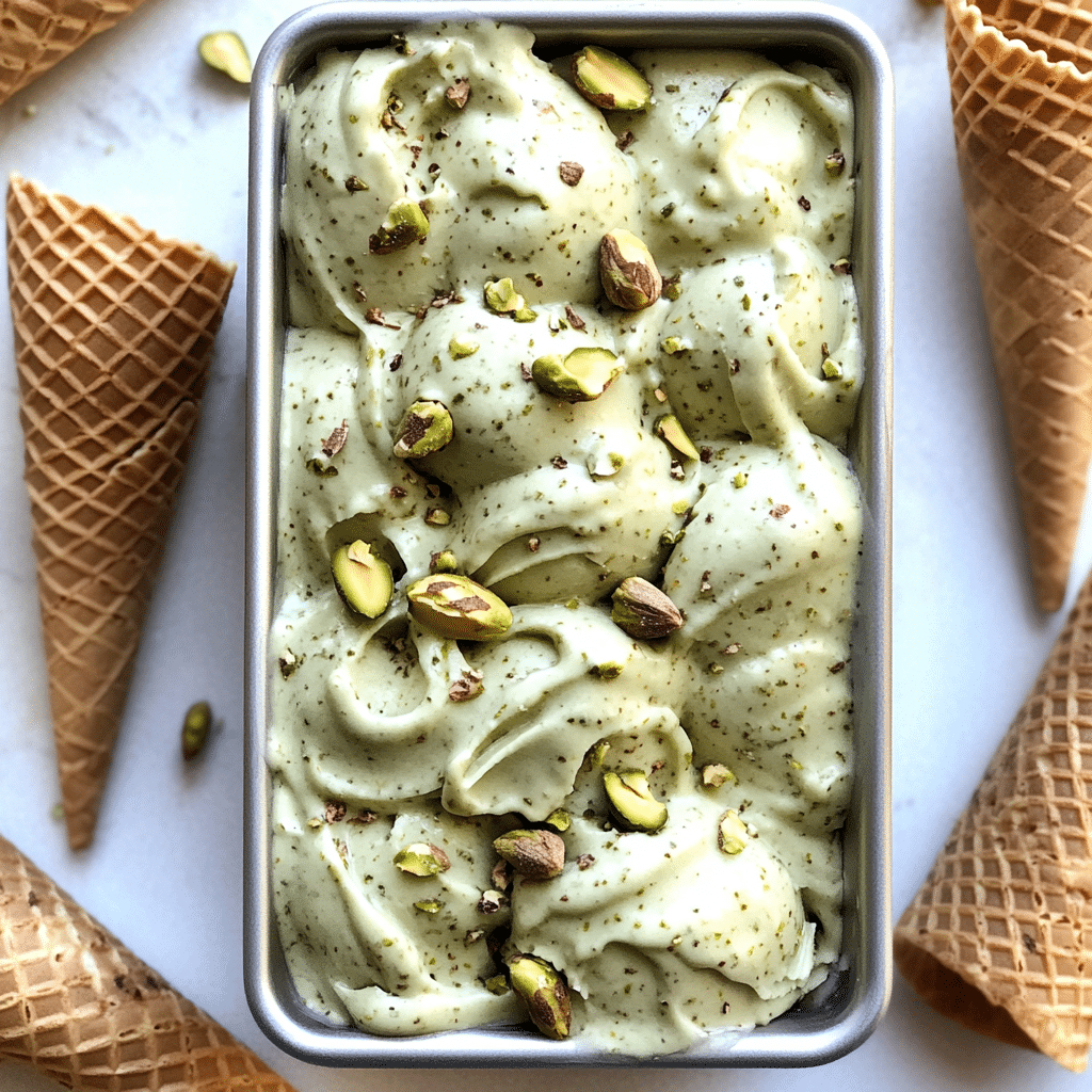 Discover the Creamy Delight of Pistachio Gelato Homemade 6 Homemade pistachio gelato in a metal container, speckled with ground pistachios and garnished with whole nuts, surrounded by waffle cones.