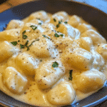 Gorgonzola Cream Sauce – The Best Guide to a Rich ,Velvety Flavor Experience 8 Creamy gnocchi covered in rich Gorgonzola cream sauce, garnished with fresh herbs and cracked black pepper on a white plate.