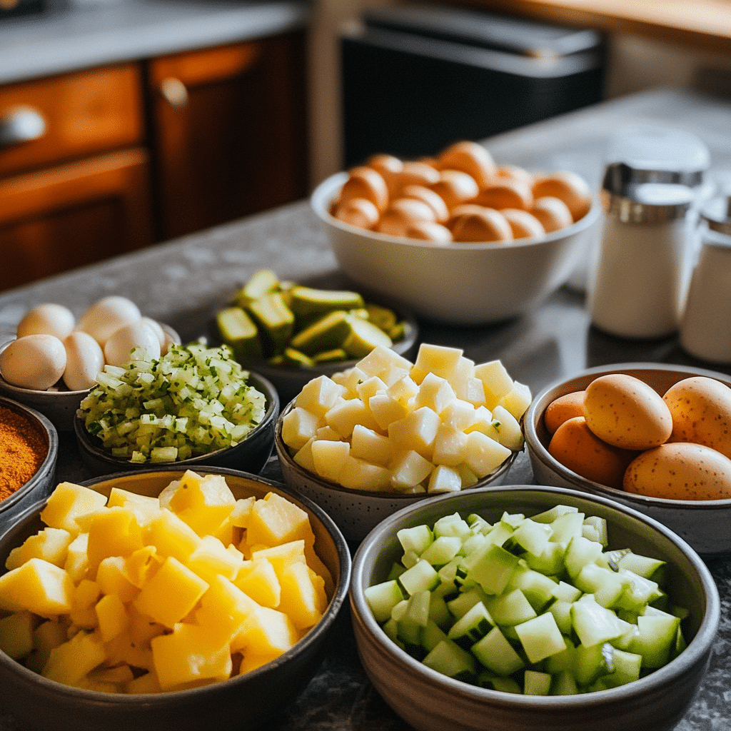 Various ingredients for Texas Style Potato Salad including chopped potatoes, cucumbers, eggs, pickles, and seasonings arranged in bowls.