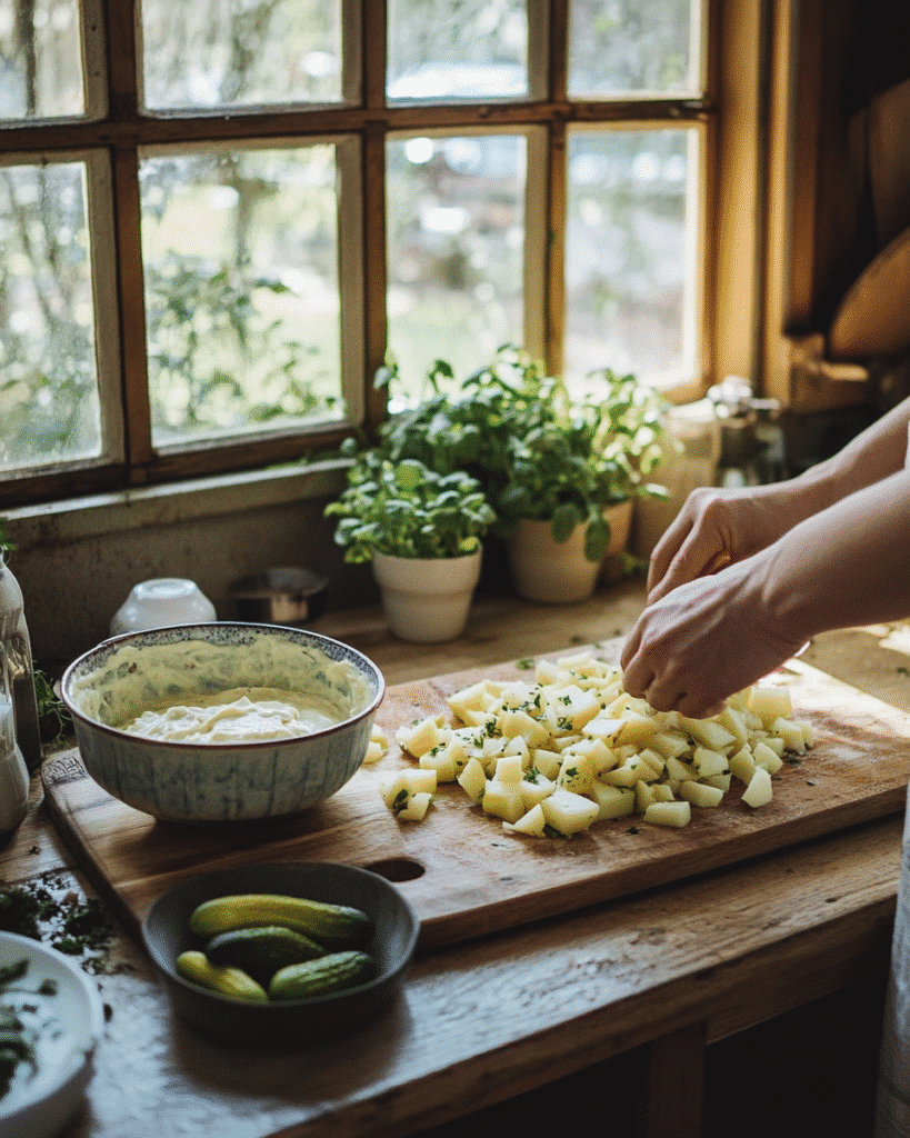 Texas Style Potato Salad: The Southern Classic You Need to Try 2 Person chopping potatoes and herbs for Texas Style Potato Salad beside a bowl of dressing and pickles in a rustic kitchen.