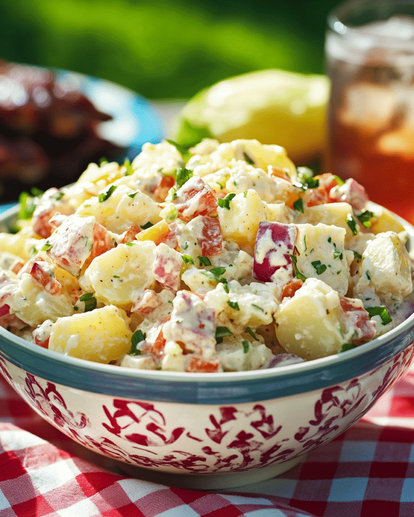 Bowl of creamy Texas Style Potato Salad with chopped red potatoes, carrots, and herbs served on a picnic table with a checkered cloth.